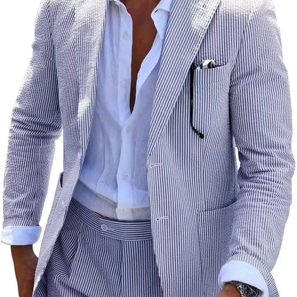 Men's Striped Blazer and Pants Set - Blue